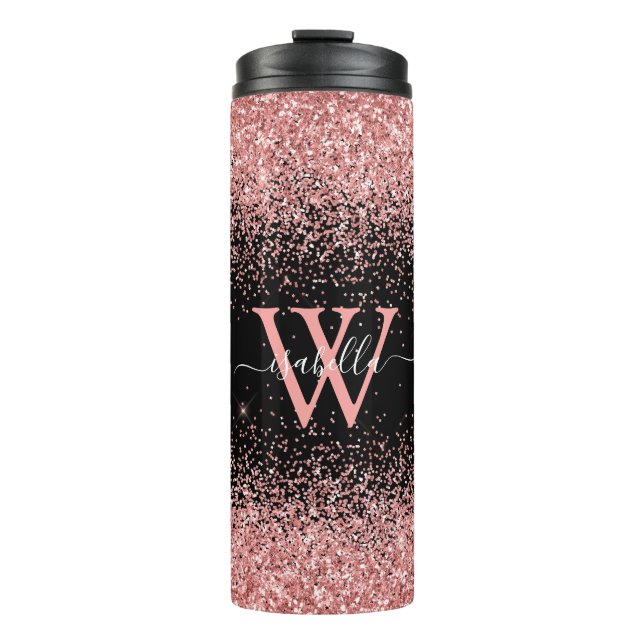 Pink Black Glitter Elegant Script Name Monogram Thermal Tumbler (Front)