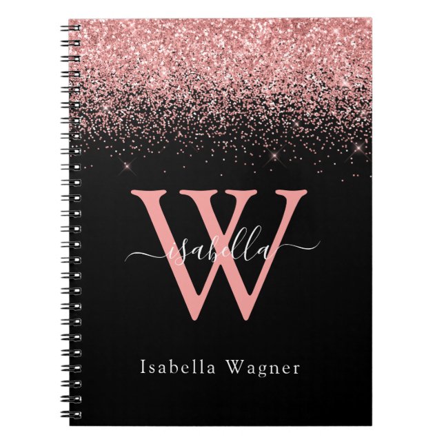 Pink Black Glitter Elegant Script Name Notebook (Front)