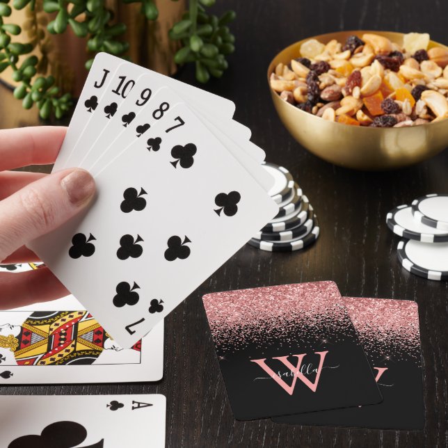 Pink Black Glitter Elegant Script Name Playing Cards (In Situ)
