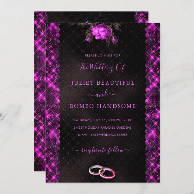 Pink Black Glitter Frame Modern Wedding Invitation (Front/Back)