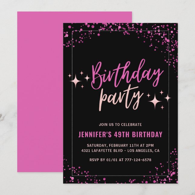 Pink Black Glitter Glam 49th birthday Party Invitation (Front/Back)