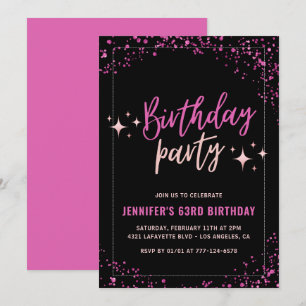 Pink Black Glitter Glam 63rd birthday Party Invitation
