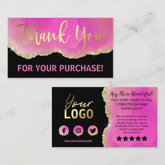 Pink Black Glitter Gold Agate Foil Thank You Business Card (Front/Back)