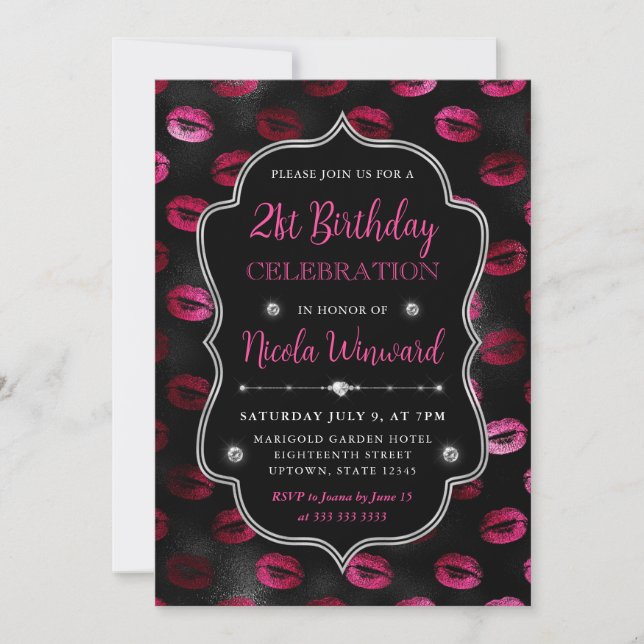 Pink & Black Glitter Lipstick 21st Birthday Invitation (Front)