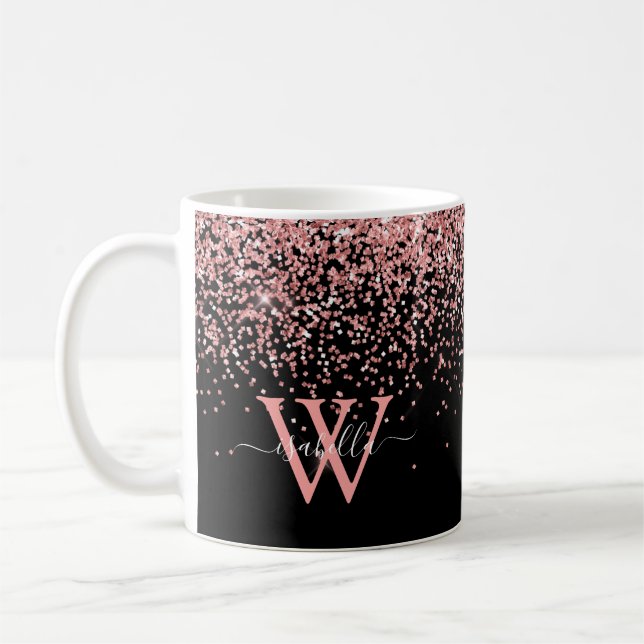 Pink Black Glitter Monogram Coffee Mug (Left)