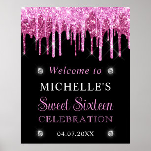 Pink & Black Glitter Sweet 16 Welcome Sign