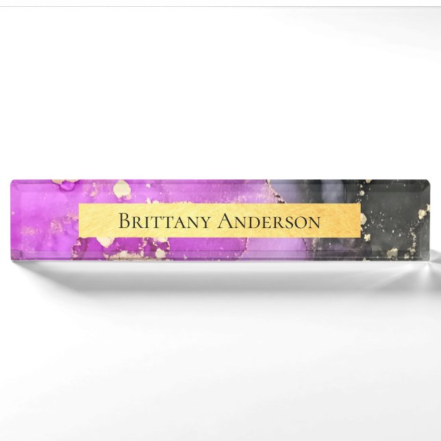 Pink Black Gold Abstract Alcohol Ink  Nameplate (Front)