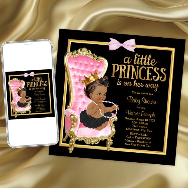 Pink Black Gold Chair Ethnic Princess Baby Shower Invitation (Pink princess baby shower invitation. Instant download and printed invitations available.)