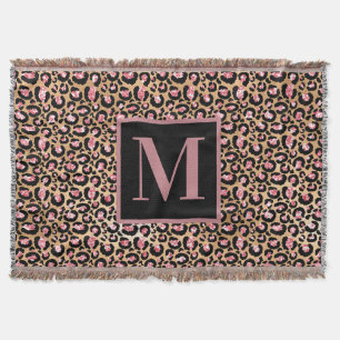 Pink Black Gold Cheetah/Leopard Monogram Initial Throw Blanket