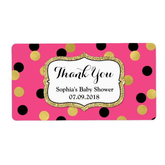 Pink Black Gold Confetti Baby Shower Labels (Front)