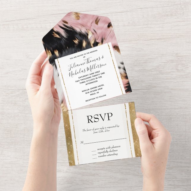 Pink Black Gold Cowhide  All In One Invitation (Tearaway)