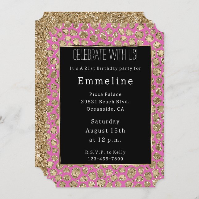 Pink Black Gold Glam Glitter Leopard Invitation (Front/Back)