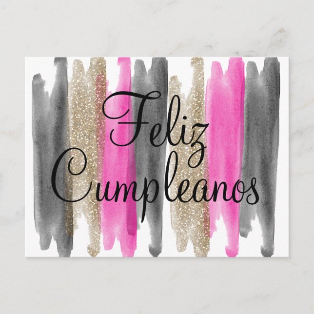Pink Black Gold Glitter Feliz Cumpleanos Postcard (Front)