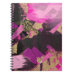 Pink Black Gold Glitter Modern Brush Glam Grunge Notebook
