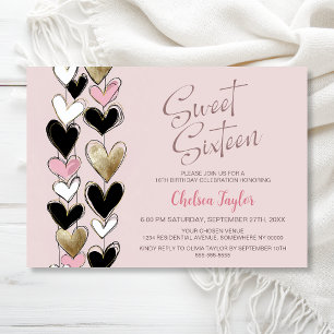 Pink Black Gold Heart Theme Sweet 16 Birthday Invitation