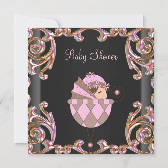 Pink Black Gold Lace Girl Baby Shower Invitation (Front)