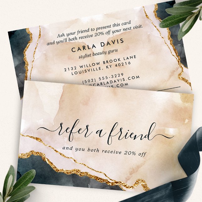 Pink Black Gold Marble Watercolor Modern Referral Card (Creator Uploaded)