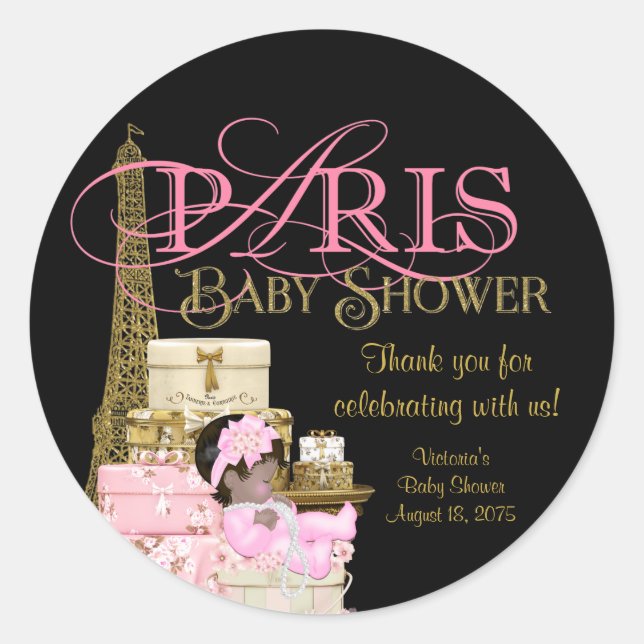 Pink Black Gold Paris Baby Shower Thank You Classic Round Sticker (Front)