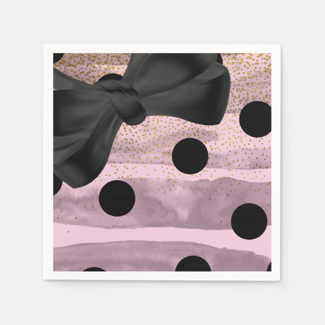Pink Black & Gold Polka Dots Chic Bow Glam Party Napkin (Front)