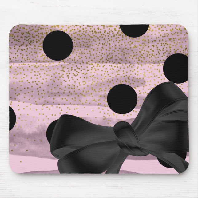 Pink & Black Gold Polka Dots Chic Bow Trendy Glam Mouse Pad (Front)