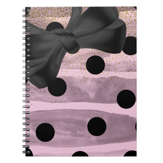 Pink & Black Gold Polka Dots Chic Bow Trendy Glam Spiral Notebook (Front)