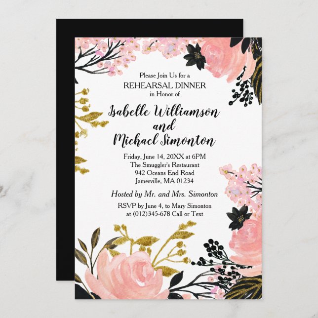 Pink, Black & Gold Rehearsal Dinner Invitation (Front/Back)