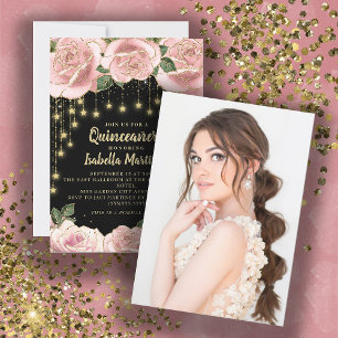 Pink Black Gold String Light Star Quinceañera Invitation
