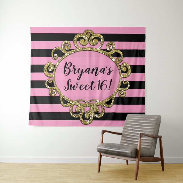 Pink Black & Gold Striped Birthday Party Backdrop Tapestry (In Situ (Horizontal))