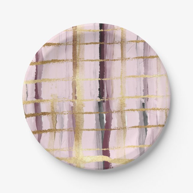Pink Black Gold Stripes Paper Plate (Front)