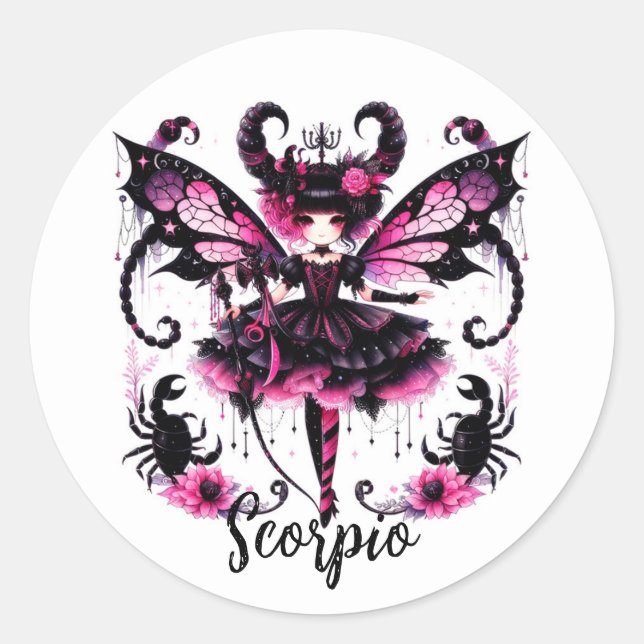 Pink Black Gothic Fairy Scorpio Astrology Zodiac  Classic Round Sticker (Front)