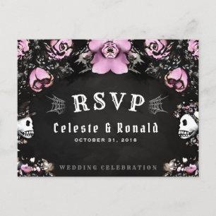 Pink & Black Gothic Roses & Skeleton RSVP Postcard