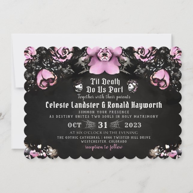 Pink & Black Gothic Roses & Skeletons Wedding Invitation (Front)