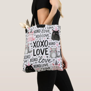 PINK BLACK GRAY VALENTINE CATS MICE & KISSES TOTE BAG