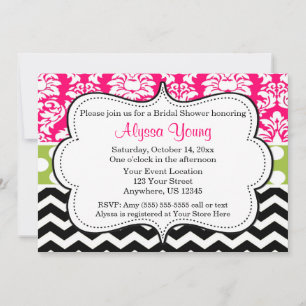 Pink Black Green Chevron Damask Invitation