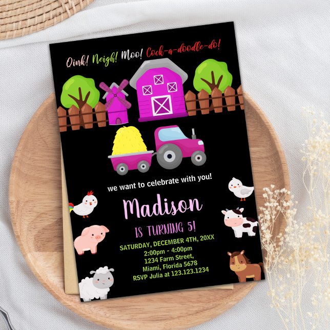 Pink Black Green Farm Animals Birthday Invitations (Pink Black Green Farm Animals Birthday Invitations)