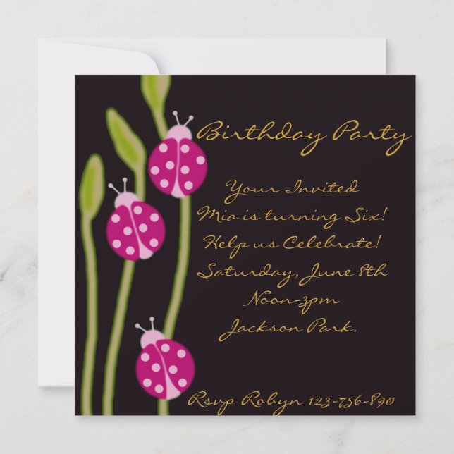 Pink Black & Green ladybug Birthday Invitation (Front)
