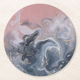 Pink Black Grey Decorative Watercolor Marble Round Paper Coaster