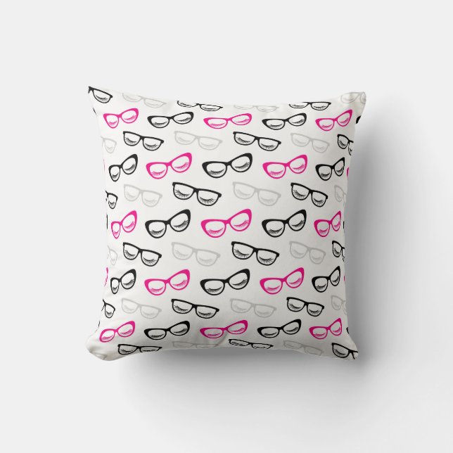 Pink, Black & Grey Glasses & Lashes Cushion (Front)