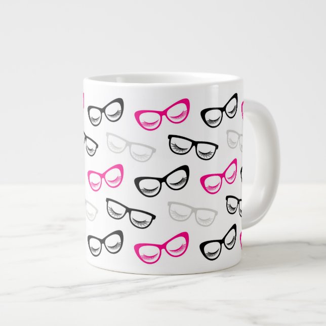 Pink, Black & Grey Glasses & Lashes Large Coffee Mug (Front Right)