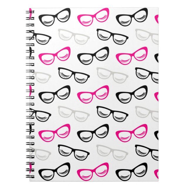Pink, Black & Grey Glasses & Lashes Spiral Notebook (Front)
