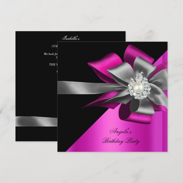 Pink Black Grey Silver Bow Pearl Birthday Party Invitation (Front/Back)