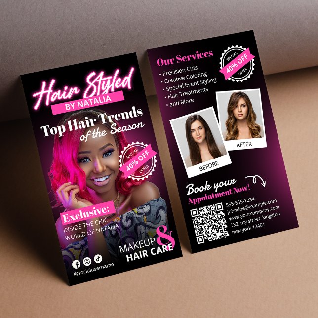 Pink & Black Hair Salon Magazine Cover Business Card (Creator Uploaded)