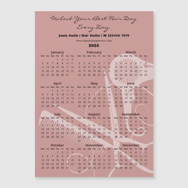 Pink Black Hair Stylist Tools 2026 Calendar Magnet (Front)