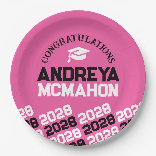 Pink & Black Half Repeat Grad Personalised Paper Plate (Front)