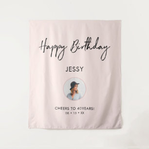 Pink & Black Happy Birthday Photo Party Backdrop Tapestry