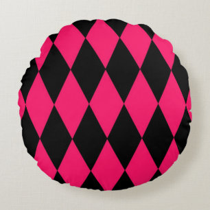 Pink Black Harlequin Diamonds Checkers Design  Round Cushion