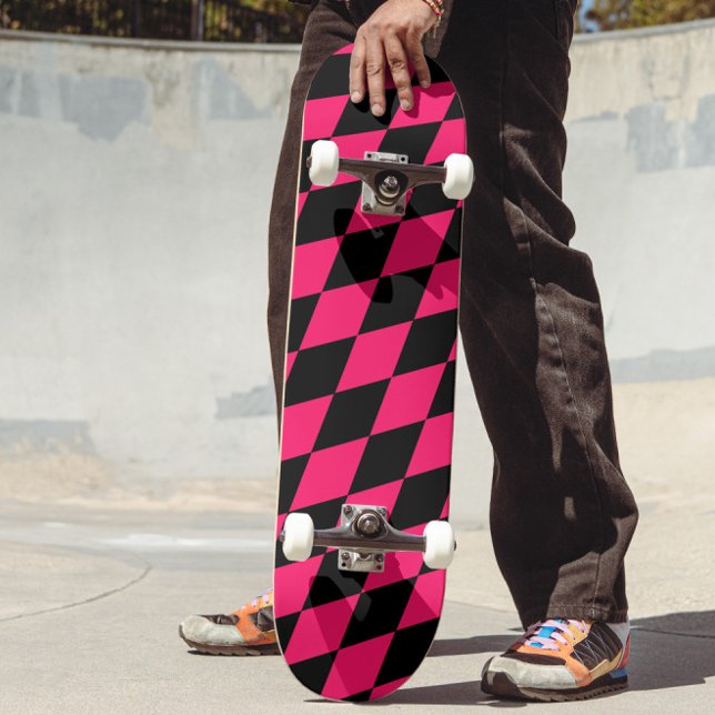 Pink Black Harlequin Diamonds Checkers Design  Skateboard (Creator Uploaded)