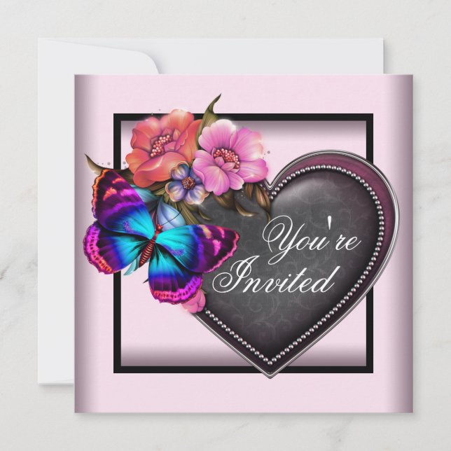 Pink Black Heart Butterfly Party Invitations (Front)