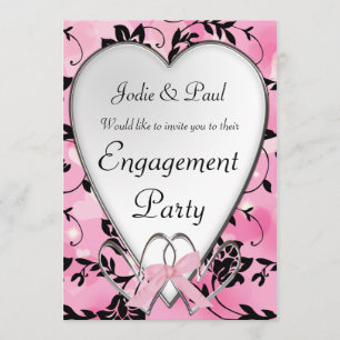 Pink & Black Heart Wedding - Engagement Invitation