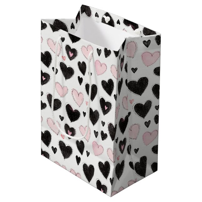 Pink Black Hearts Birthday Medium Gift Bag (Front Angled)